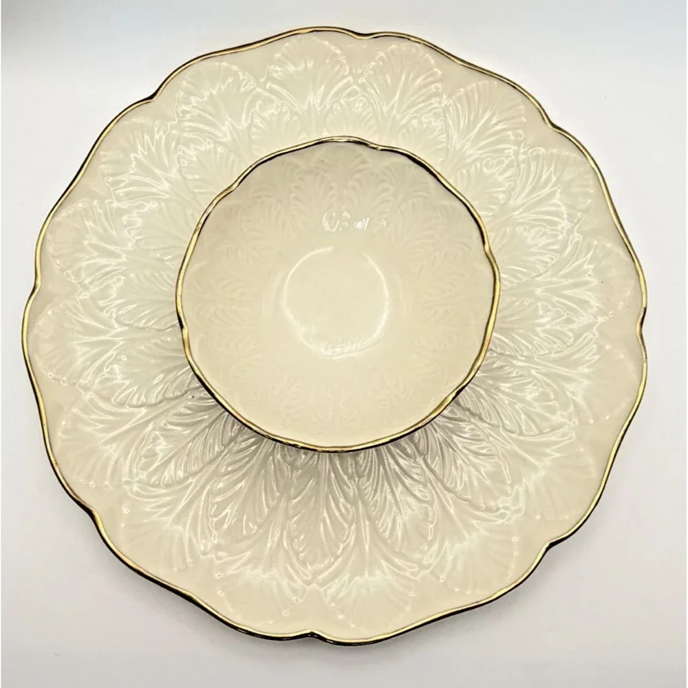 Lenox CHIP & DIP SET Greenfield Collection Embossed Ivory Porcelain 24k Gold 10